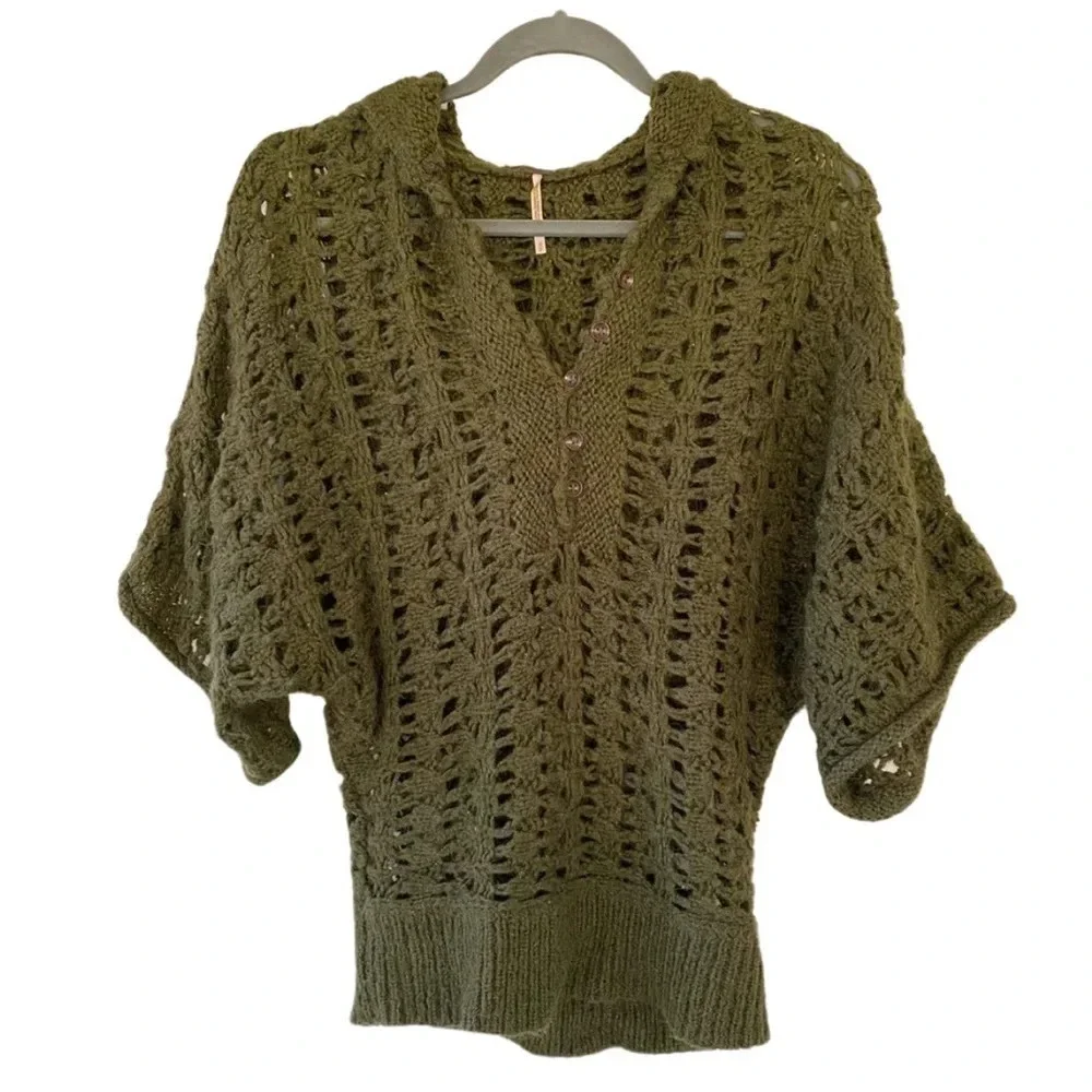 Free People, Hooded Open Knit Short Sleeve‎ Sweater Top, Olive, Army Green
